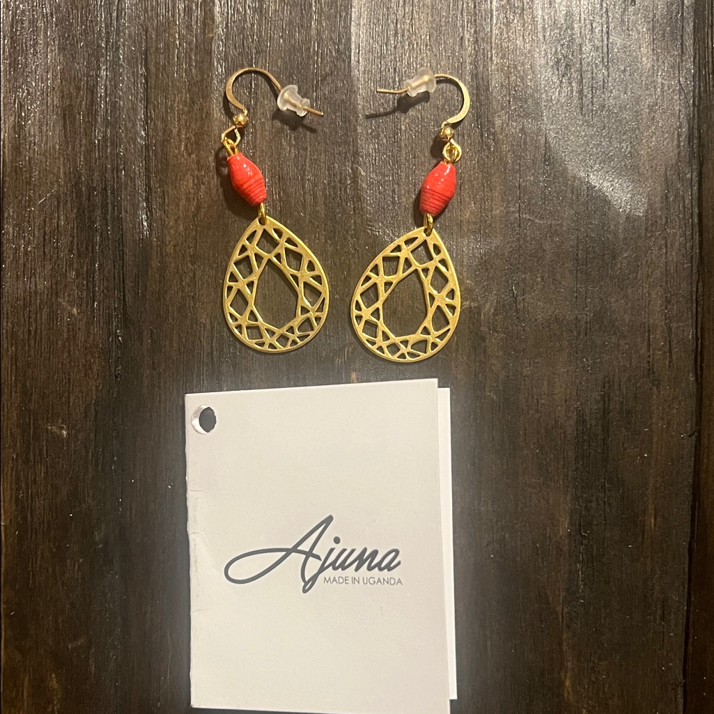 Gold And Salmon Paper Bead Teardrop Earrings